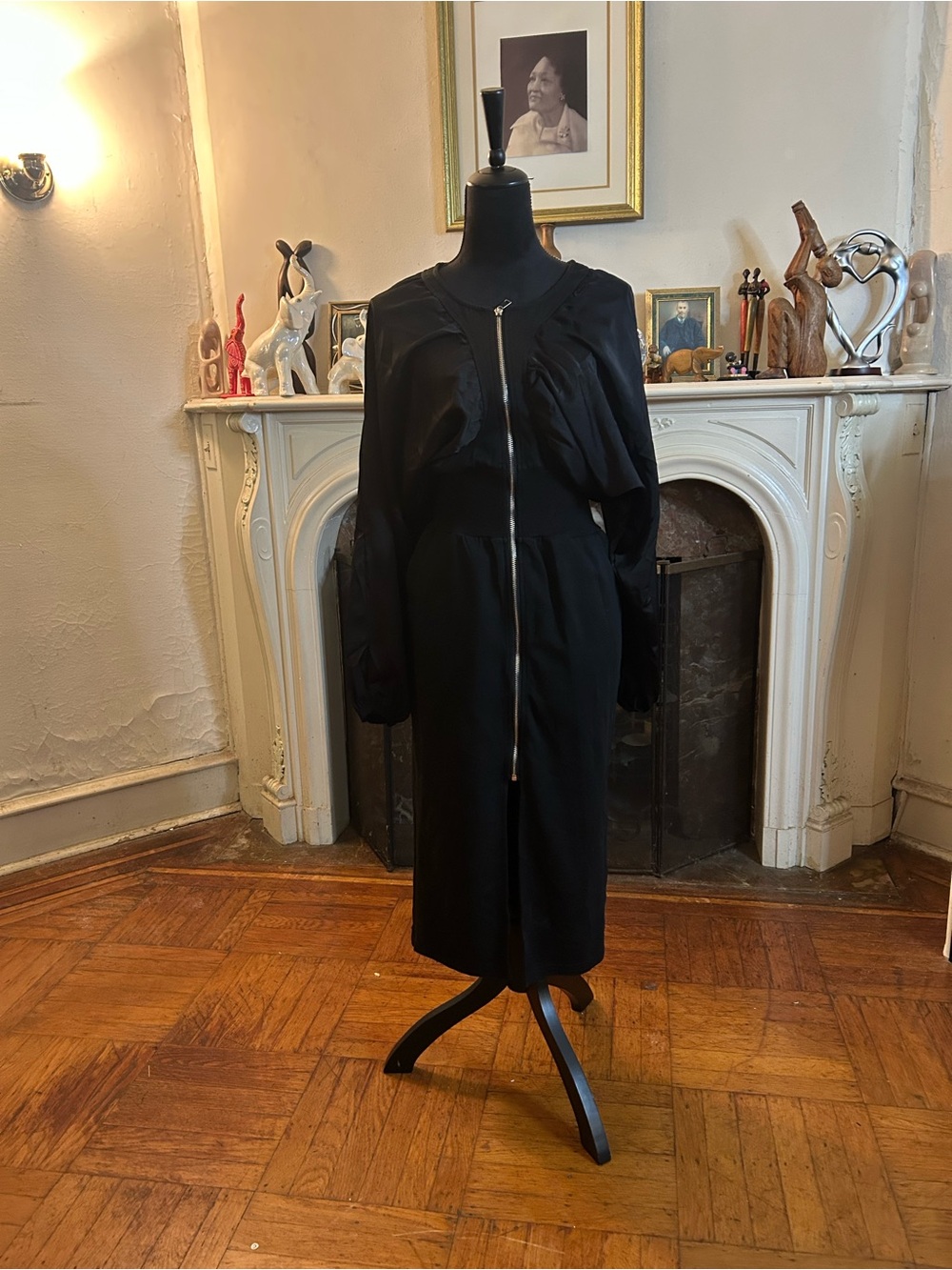 Women's Black Midi Dress with Front Zip